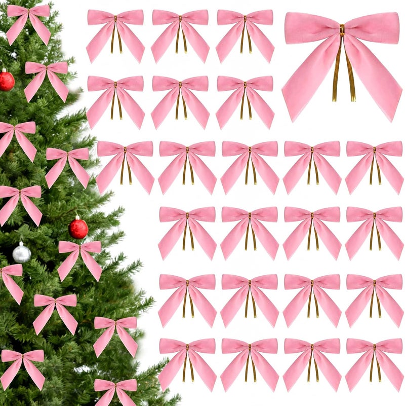 CCILAND Store 24 Pcs Pink Small Velvet Bows for Christmas Tree, 3.54 Inch Mini Christmas Bows for Gift Wrapping, Twist Tie Velvet Bows Xmas Ornaments for Wreath, Crafts, Party, Wedding - Image 1